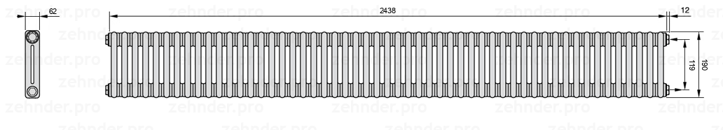 Схема (чертеж) Радиатор Zehnder Charleston 2019/53 №7610 Белый глянцевый RAL 9016